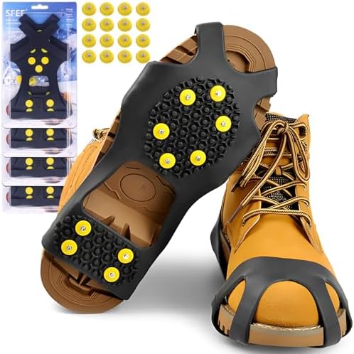 Ice Cleats for Boots Shoes, Snow Grips Cleats for Ice and Snow Anti-Slip Rubber Traction Cleats for Walking on Snow and Ice 10 Steel Studs Crampons for Hiking, Walking, Climbing, Jogging