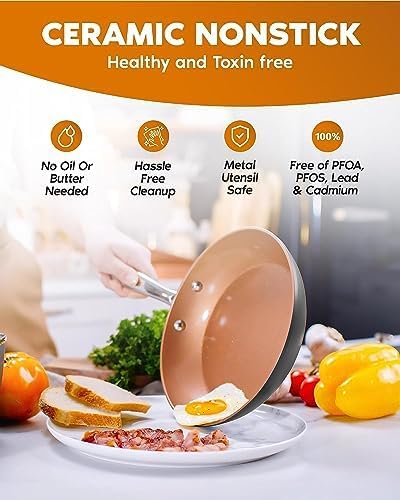 Gotham Steel 9.5 Inch Copper Non Stick Frying Pans Skillet | Ceramic Non Toxic Coating Made Without PFOA/PTFE/PFOS, Lightweight, Stay Cool Handle, Oven and Dishwasher Safe