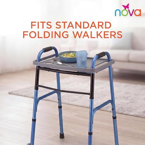 NOVA Walker Tray Table with Spill-Proof Raised Edges and Two Cup Holders and for Seniors, Standard Folding Walker Accessory, 16 x 23 Inch