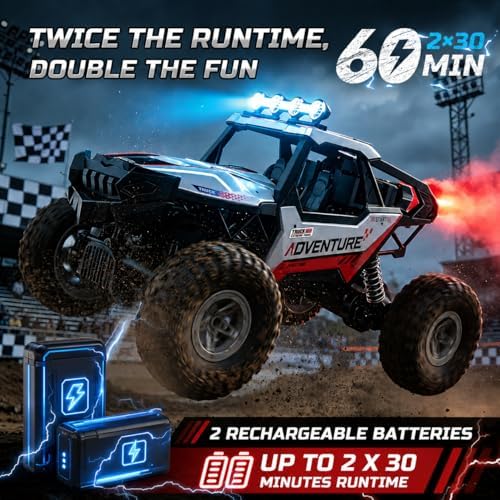DEERC DE125 1:14 RC Car for Kids,4WD Remote Control Off-Road Monster Truck | RC Rock Crawler with Mist Spray,Metal Shell, LED Lights, 2.4GHz All-Terrain Car, 2 Batteries, Gifts for Beginners and boys