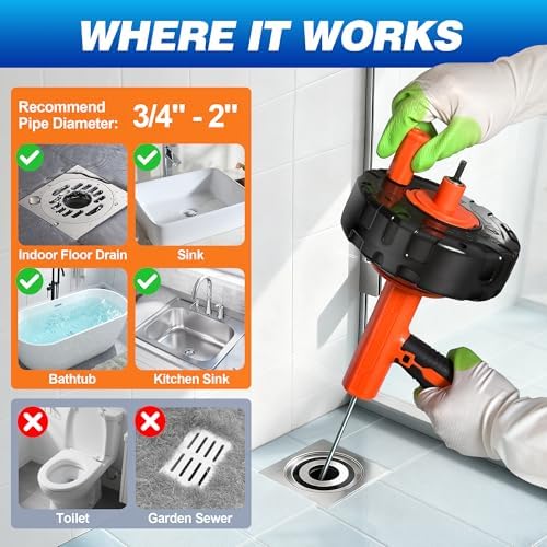 Drain Auger 33Ft, Auto-Feed Drain Clog Remover Plumbing Snake Drain Tools | Drill Adapter for Quickly Unclogging