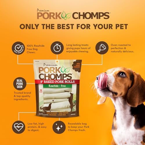 Pork Chomps Rawhide Free Pork Skin Dog Chews, Chicken Wrap, 8in Rolls, 2ct