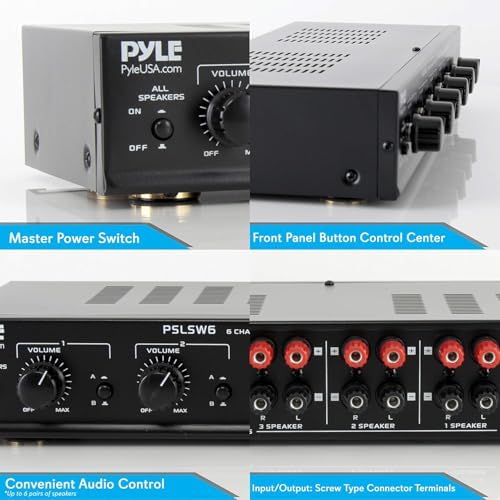 Pyle 6 Channel Speaker Selector Switch - Multi Zone A B Speaker Distribution Controller Box w/ Independent Audio Source Volume Control