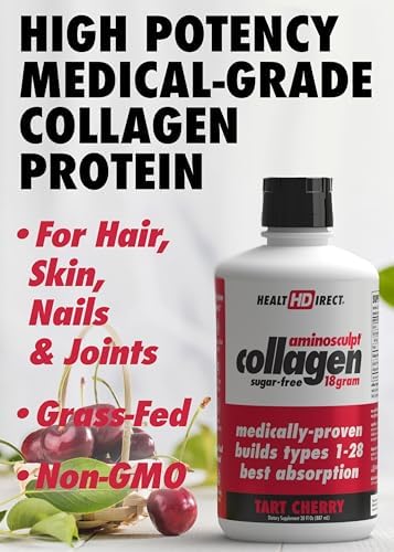 HEALTH DIRECT AminoSculpt Sugar-Free Liquid Collagen, Tart Cherry, 30 oz | High-Potency Collagen for Men & Women. Supports Hair, Skin, Nails & Joints. Medical-Grade, No Mixing, Non-GMO & Grass-Fed