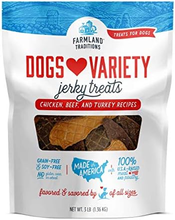 Farmland Traditions Dogs Love Jerky Dog Treats, Premium Dog Jerky Variety Pack with Chicken, Beef & Turkey, 3 Pound Bag