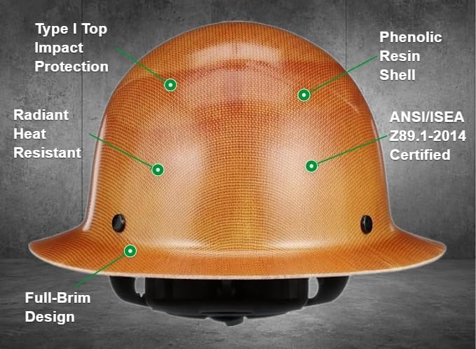 MSA Skullgard Full-Brim Hard Hat with Suspension - Non-Slotted Cap, Made of Phenolic Resin, Radiant Heat Loads up to 350F, Standard Size Hard Hat | Fas-Trac III Ratchet Suspension