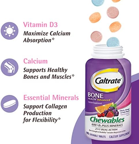 Caltrate Chewables 600 Plus D3 Vitamin D and Calcium Supplement, 155 count | Sugar Free, Highest Level of Vitamin D3, Maximizes Calcium Absorption to Support Strong Bones and Daily Function