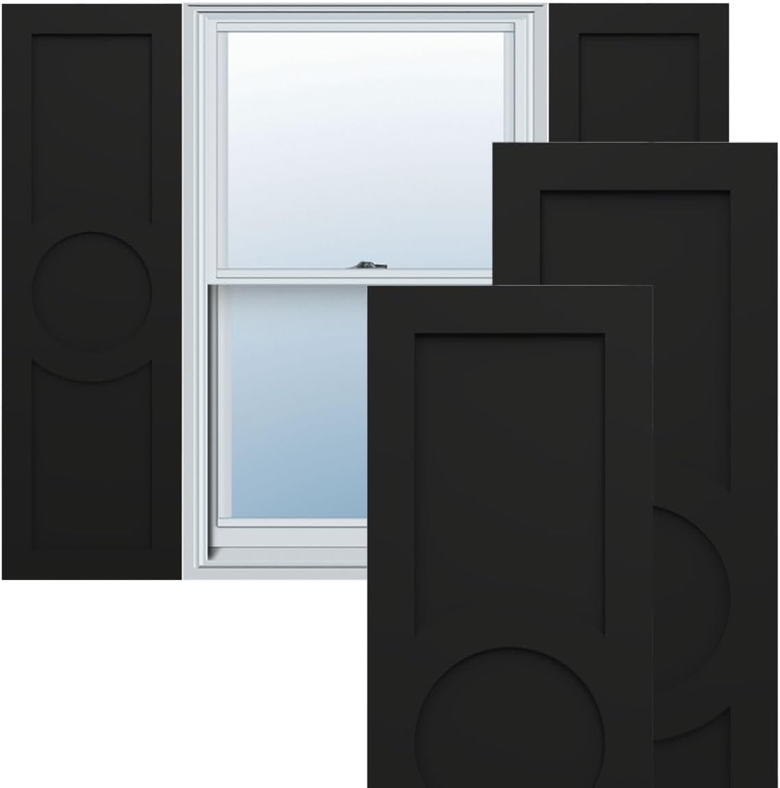 12"W x 55"H True Fit PVC Center Circle Arts & Crafts Fixed Mount Shutters, Black (Per Pair - Hardware Not Included)