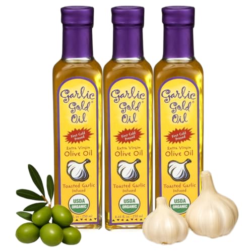 Garlic Gold Extra Virgin Olive Oil Infused with Garlic, Premium Certified USDA Organic, Low FODMAP, Cold Pressed (250 mL, 6 Pack) | 8.44 Fl Oz - 250 ml (6 Pack), First Cold Pressed, Hand Crafted, Artisanal, USDA Organic, Low FODMAP, Gluten Free