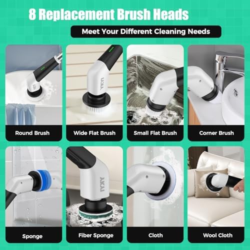YKYI Electric Spin Scrubber, Cordless Power Cleaning Brush with Long Handle | 8 Brush Heads, 3 Handle Lengths, 2 Speeds, IPX7 Waterproof