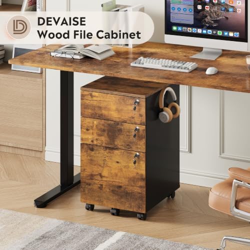 DEVAISE 3 Drawer File Cabinet with Individual Locks, Rustic Brown | Wood Filing Cabinet for Home Office, Mobile Printer Stand with Wheels