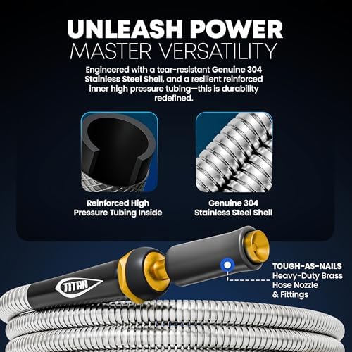 TITAN Garden Hose 100FT - 304 Stainless Steel Metal Water Hose, Flexible, Kink-Free, Lightweight, Durable, Crush Resistant Fittings, Easy to Coil, 500 PSI