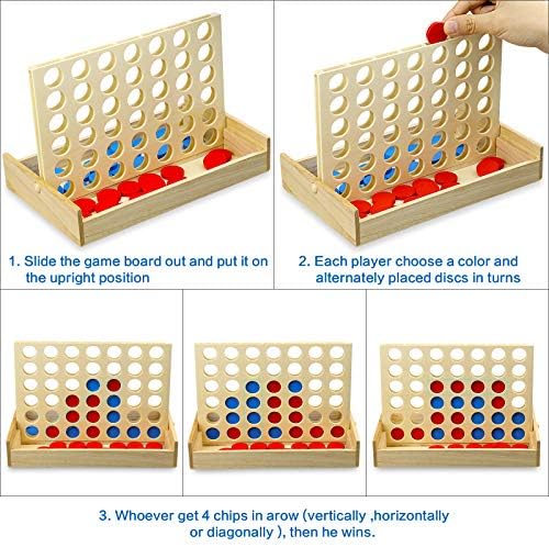 4 in a Row Wooden Connect Board Game, Foldable Line up 4 Game, Classic Strategy Family Fun Toy, Wood Connect Game for Kids and Adults (Travel Size)