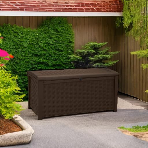 Keter Borneo 110 Gallon Resin Deck Box - Organization and Storage for Patio Furniture, Outdoor Cushions, Throw Pillows, Garden Tools and Pool Toys, Brown | for Patio, Backyard & Garden - Lockable, Organizing, and Waterproof Plastic Container Bench