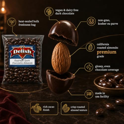 Gourmet Dark Chocolate Covered Almonds by Its Delish, 1 lb Bulk Bag | Almond Nuts Dipped Chocolates Healthy Candy Snacks | Dairy Free, Vegan, Kosher