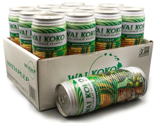 Wai Koko Coconut Water with Pulp, 17.5 Fl Oz Cans (Pack of 12) | Real coconut pulp in 100% pure coconut water
