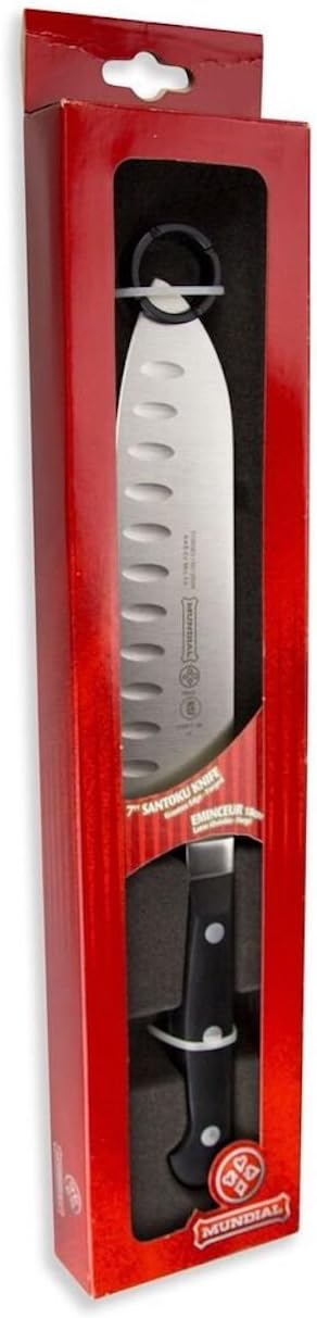 Mundial 5100 Series 7-Inch Granton Edge Santoku Knife with Black Handle, Ideal Knife for Meat and Vegetables, Precise Cuts for Julienning Thin Slices