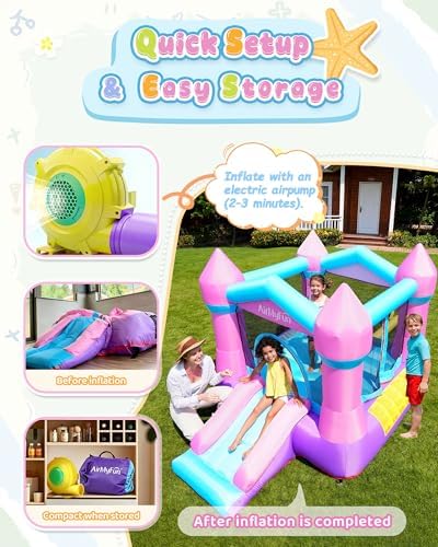 AirMyFun Pink Inflatable Toddler Bounce House with Blower, Indoor/Outdoor Jumping Castle for Kids 3-8, Inflatable Bouncy House with Slide, 82011B