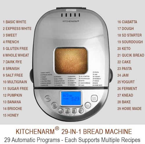 KITCHENARM 29-in-1 SMART Bread Machine with Gluten Free Setting 2LB 1.5LB 1LB Bread Maker Machine with Homemade Cycle - Stainless Steel Breadmaker