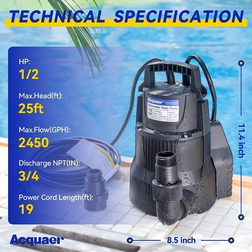 1/2 HP Automatic Sump Pump, 2450 GPH Submersible Water Pump with 3/4”Garden Hose Check Valve Adapter