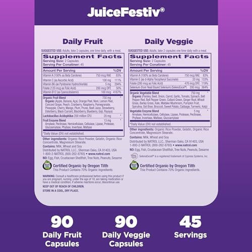 Natrol JuiceFestiv Vitamins and Supplements, 60 Capsules (2-Count) | For Nutrition & Well-being, Antioxidants for Cellular Health, Daily Fruit & Veggie Capsules, 120 Capsules, 30 Day Supply