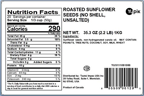 Yupik Roasted Sunflower Seeds, Unsalted, No Shell, 2.2 lb (35.2 oz), Gluten-Free, Vegan, Kosher, Shelled Seeds, Salt-Free, Source of Fiber & Iron, Plant-Based Protein, Savory Snack,For Baking,Topping