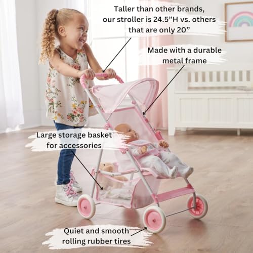 Badger Basket Folding Doll Umbrella Stroller with Basket - Pink/White | Fits up to 18" dolls