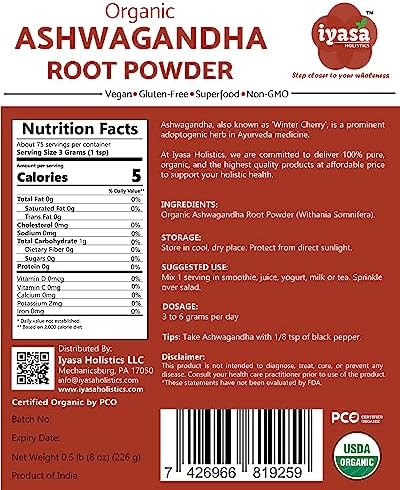 Iyasa Holistics Organic Ashwagandha Powder 16 oz – Natural Superfood Powder to Support Calm
