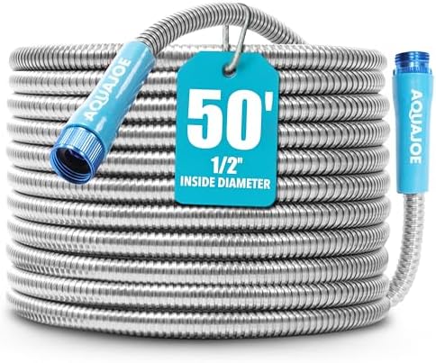 Aqua Joe 50-Foot Heavy Duty Garden Hose, Spiral 304 Stainless Steel Metal Hose, Puncture Proof, 1/2 Inch Diameter with Aluminum Fittings, AJSGH50