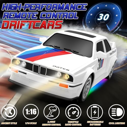 Remote Control Cars 1:16 Scale RC Drift Car 2.4Ghz 30KM/H High Speed 4WD RTR Racing Car with Drift Tires LED Lights 2PCS Rechargeable Batteries RC Sport Cars Toys for Adults Boys Girls Kids Gift
