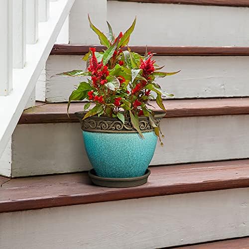 Southern Patio Cadiz 8 Inch Diameter Crackled Glazed Ceramic Indoor Outdoor Garden Planter Pot Urn with Saucer for Flowers, Herbs, and Plants, Teal
