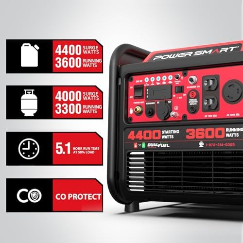 PowerSmart 4400-Watt Open Frame Inverter Generator, Gas Powered, CO-Sensor, Lightweight & Quiet for Home Use and Emergency Backup, Camping, EPA Compliant