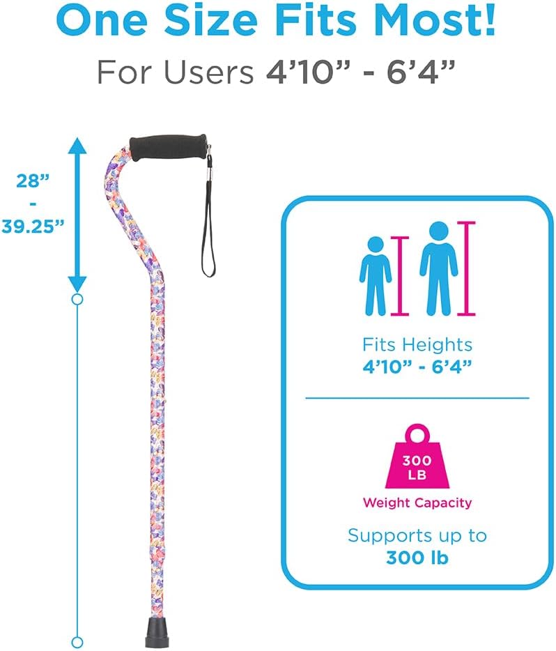 NOVA Designer Walking Cane with Offset Handle, Lightweight Adjustable Walking Stick with Carrying Strap, “Maui Flowers” Design