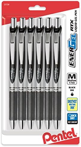 Pentel EnerGel RTX Retractable Liquid Gel Pen, (0.7mm), Medium Line, Metal Tip, Black Ink, Pack of 6 (BL77BP6A)