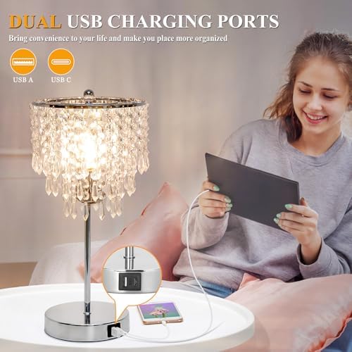 Touch Control Crystal Table Lamp with USB C+A Charging Ports, 3-Way Dimmable Bedside Touch Lamp Decorative Nightstand Lamp with Elegant Lampshade for Living Room Bedroom, B11 LED Bulb Included