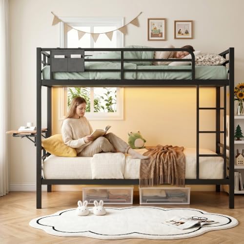 Twin XL Bunk Bed with Foldable Desk, LED Lights & Charging Station, Black | Upper Bunk Storage & 2 Drawers, Safety Guardrails with 4 Hooks, Space-Saving Design for Kids and Teens