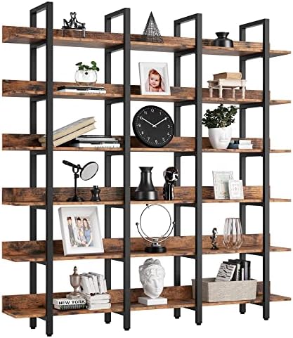 IRONCK Book Shelf Triple Wide Bookshelves 6 Tiers with Back Fence | Large Open Shelves, Etagere Bookcases, Home Office, Easy Assembly, Vintage Brown
