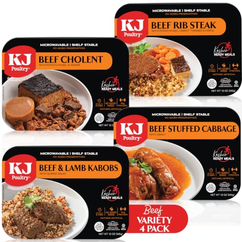 KJ Poultry Kosher Ready Meals - Beef Variety (4 Pack) Prepared Entree Fully Cooked, Shelf Stable Microwave Dinner Travel, Military, Camping