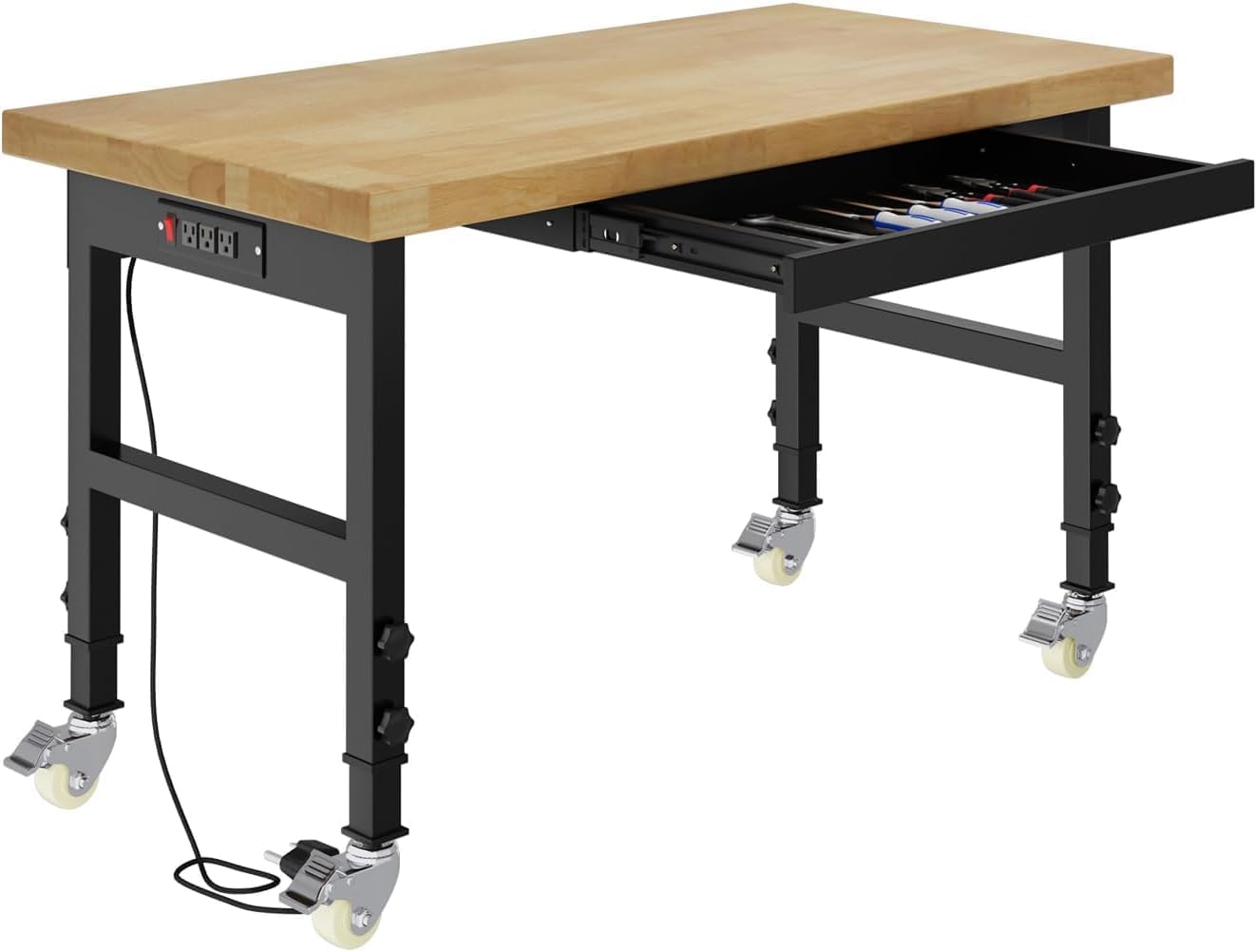 48" Heavy Duty Work Bench with Drawers, Adjustable Height Workbench with Wheels, 2000 LBS Capacity Work Table with Power Outlets for Garage, Workshop, Office, Home