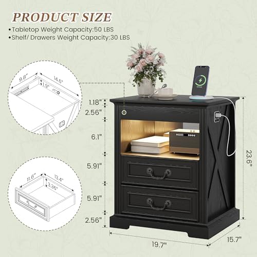 Dystler Nightstand with Hidden Gun Safe Drawer, Charging Station & LED Lights