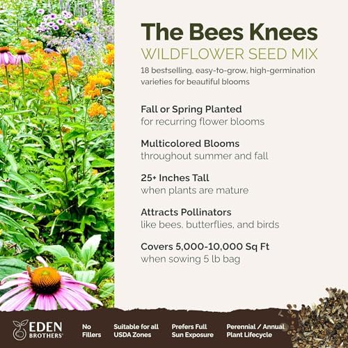 Eden Brothers The Bees Knees Pollinator Wildflower Seed Mix, 1/4 lb (135,000+ Seeds) Throw and Grow - 100% Pure, No Fillers - 18-Variety Non-GMO Annual + Perennial, Covers up to 1,100 SqFt, Zones 3-10