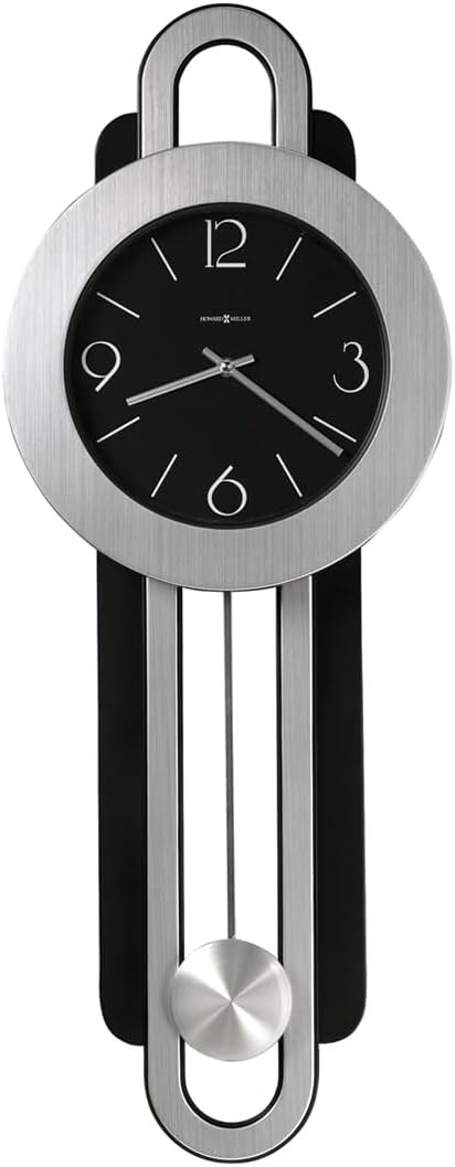 Howard Miller Gwyneth Wall Clock – Black Dial, Arabic Numerals, Quartz Movement, Silver Pendulum Bob, Brushed Nickel & Satin-Black Finish
