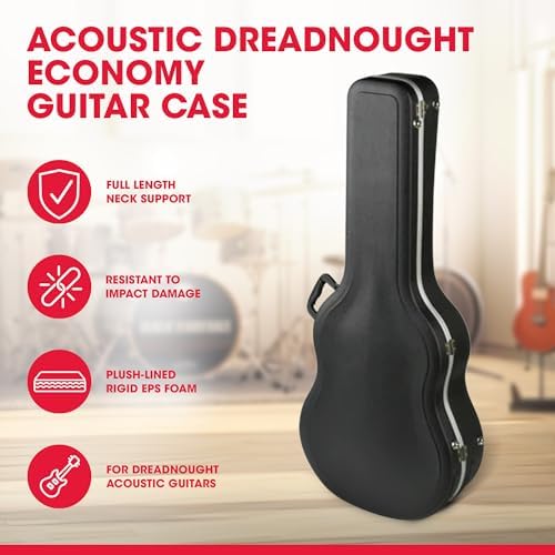SKB Hardshell Travel Case for Dreadnought Acoustic Guitars, Molded In Bumpers for Protection, Plush Lined Interior and Latches