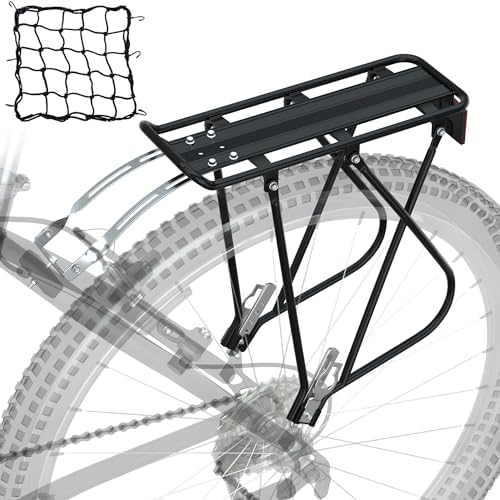 Bike Cargo Rack w/Bungee Cargo Net & Reflective Logo Universal Adjustable Bicycle Rear Luggage Touring Carrier Racks 55lbs Capacity Quick Release