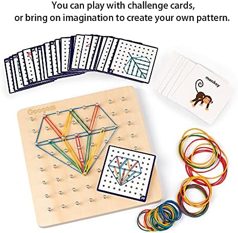 Coogam Wooden Geoboard Mathematical Manipulative Material Array Block Geo Board – Graphical Educational Toys with 30Pcs Pattern Cards and Latex