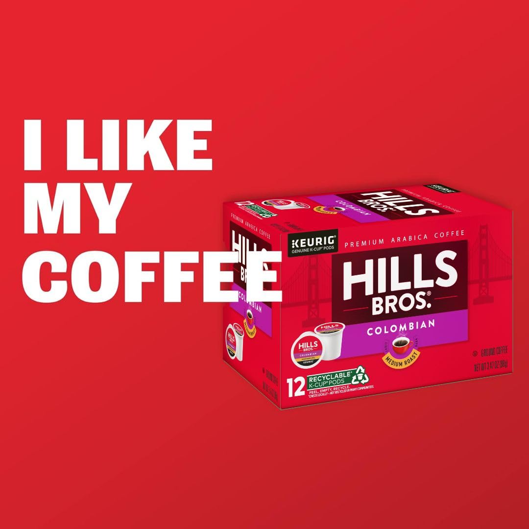 Hills Bros Single Serve Coffee Pods, 100% Colombian Ground Coffee, Medium Roast, 12 Count – Keurig Compatible, Roasted 100% Arabica Beans, Smooth Balanced Flavor