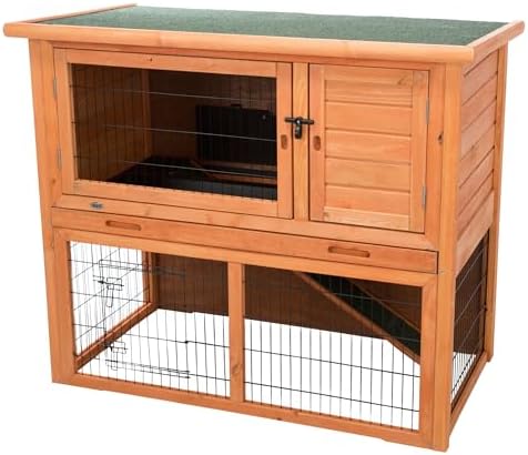TRIXIE natura Outdoor Rabbit Hutch with Run - 2-Story Rabbit Cage with Non-Slip Ramp - Medium Elevated Small Animal House with Secure Playpen, Hinged Roof & Pull-Out Tray - in Brown