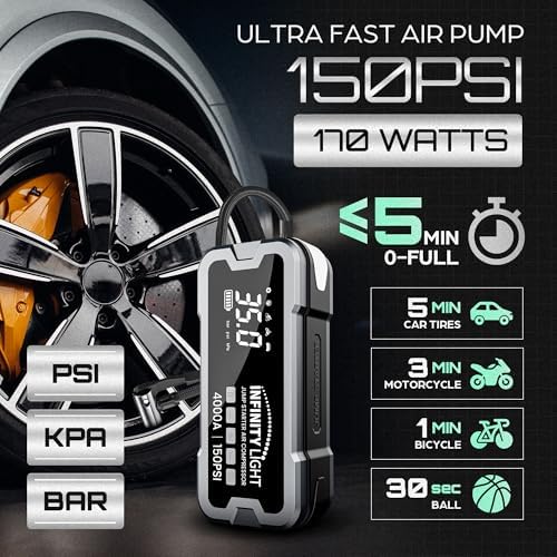 4000A Jump Starter 150 PSI Air Compressor Tire Inflator Cordless Air Pump, 12V Portable Car Battery Booster, LED Display, 12000mAh Power Bank