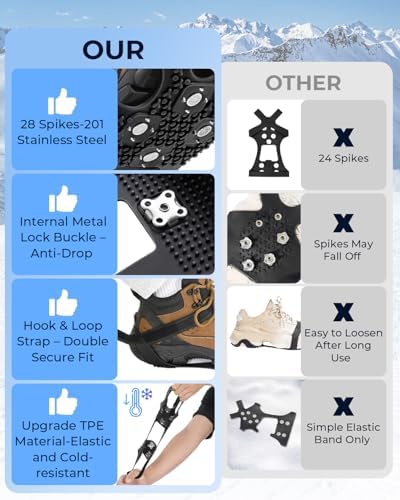 Sportneer Crampons： Ice Cleats for Shoes and Boots with 28 Spikes - Traction Slip-on Stretch Footwear for Walking and Shoveling on Ice and Snow - Lightweight for Women and Men