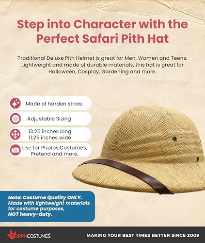 Morph Adult Safari British Pith Helmet - Sturdy, Adjustable Hat for Sun Protection - Ideal for Hiking, Gardening, Outdoor Adventures